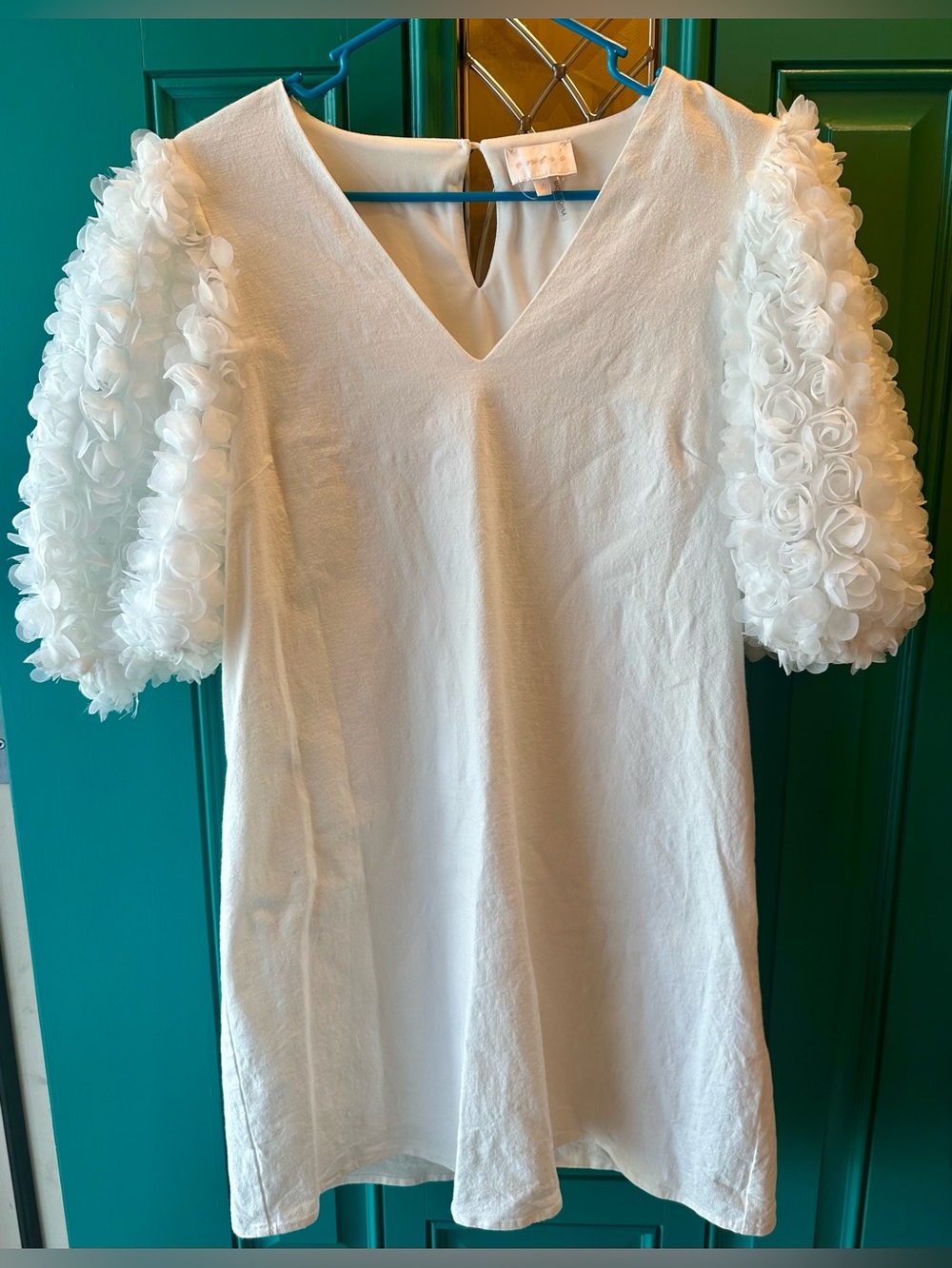 White 3D Floral Applique Puff Sleeve Dress Sz Large Bridal Mini